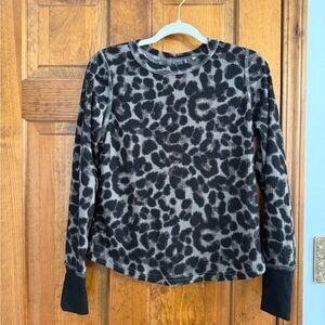 Leopard Print Ribbed Long Sleeve Top - Gray & Black